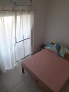 Schlafzimmer mit einem Bett und einem Fenster mit weißen Vorhängen in der Unterkunft Encanto de Tatuamunha in Pôrto de Pedras