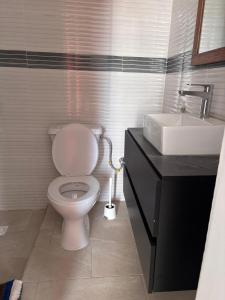 a bathroom with a white toilet and a sink at Florecita 2 in Ngaring