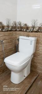 a white toilet in a bathroom with a wall at Warahana Riverside Cottage Udawalawa in Udawalawe