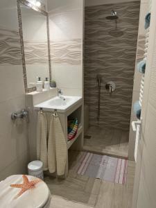 a bathroom with a sink and a shower with a mirror at City Bell in Székesfehérvár