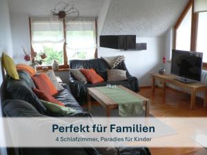 ein Wohnzimmer mit Couch und Fernseher in der Unterkunft Ferienhaus mit Reetdach Gerdi in Heringsdorf