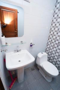 a bathroom with a sink and a toilet and a mirror at Luxvill Hotel in Islamabad