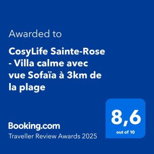 Certifikát, hodnocení, plakát nebo jiný dokument vystavený v ubytování CosyLife Sainte-Rose - Villa calme avec vue Sofaïa à 3km de la plage