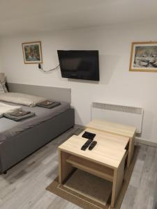 a living room with a couch and a coffee table at Agapé Mini Stúdió in Balatonalmádi