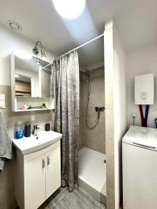 un bagno con doccia, WC e lavandino di Zarembowicza Apt 52 - Self Check-In 20h - Lift a Breslavia Altre 17 foto