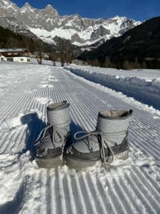 a pair of hiking boots in the snow at Hotel Bergglück in Filzmoos