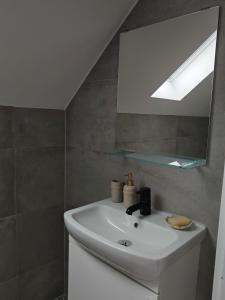 Un baño con un lavabo blanco y un espejo. en Chambre 1 dans appartement partagé proche de Strasbourg, en Wasselonne