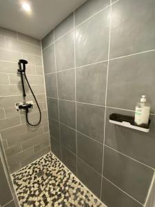 a bathroom with a shower stall with a bottle of soap at Appartement en campagne in Saint-Marcel-de-Carreiret
