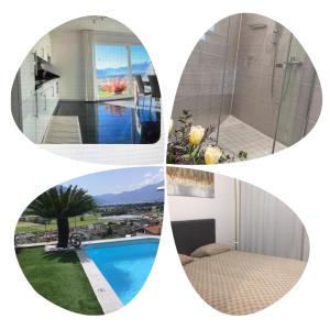 a collage of four pictures of a bathroom and a shower at Moderno bilocale vista lago Maggiore in Gordola