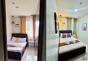 two beds in a small room with a mirror at Spacious 2BR Staycation with FREE Gym, Parking & Pool - B2 1Nambulite in Puerto Princesa City +141 photos