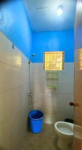 ein Bad mit WC und blauer Decke in der Unterkunft Colorful Tropical Bungalow in Bacong