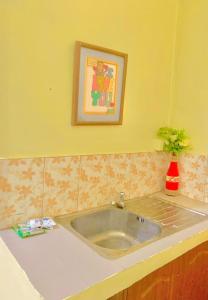 ein Waschbecken in einer Küche mit einem Bild an der Wand in der Unterkunft Colorful Tropical Bungalow in Bacong + 14 Fotos