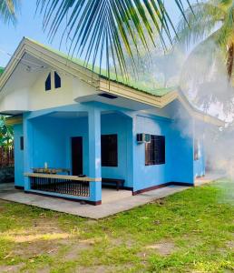 ein blau-weißes Haus mit einer Palme in der Unterkunft Colorful Tropical Bungalow in Bacong