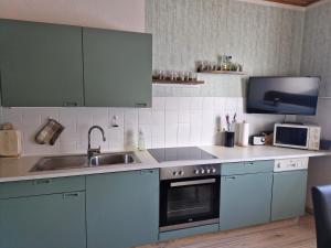 kuchnia z niebieskimi szafkami, zlewem i kuchenką mikrofalową w obiekcie Ferienwohnung Hohengaßner w mieście Mariapfarr