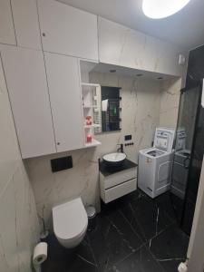 a bathroom with a toilet and a sink and a microwave at Apartament Spokojny Czas in Wisła +12 photos