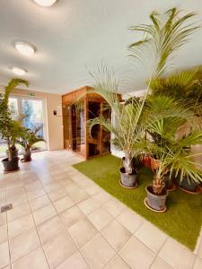 a lobby with palm trees in pots on the floor at Byblos Wellness Apartman Siófok in Siófok