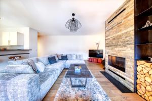 a living room with a couch and a fireplace at Lodge 8 Next To Ski Lift And Sportcenter in Champéry