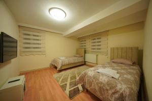 a bedroom with two beds and a flat screen tv at Cappadocia Silkroad House 2 in Avcılar +7 photos