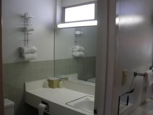 een badkamer met een wastafel en een spiegel bij Kings Inn Cleveland in Strongsville