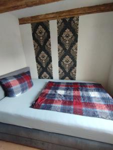 a bed with a plaid blanket and two pillows at Alter Wirt in Steckelsdorf +6 photos
