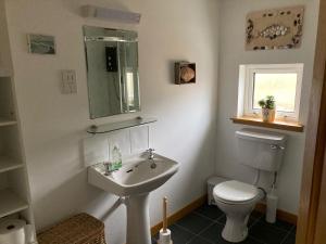 a bathroom with a white toilet and a sink at Taigh Nandag in Valtos +35 photos
