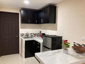 a kitchen with black cabinets and a black refrigerator at Hospedaje Ana Lu 3, Only 10 minutes from airport, in Alajuela City +16 photos