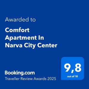 Certifikát, hodnocení, plakát nebo jiný dokument vystavený v ubytování Comfort Apartment In Narva City Center