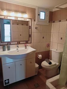 a bathroom with a sink and a toilet and a mirror at Kalotina's House in Kalymnos +38 photos