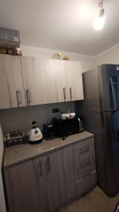 a kitchen with a counter with a microwave and a refrigerator at arriendo casa independiente en Valdivia in Valdivia