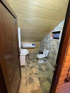 メスティアにあるWooden huts In Mestia-Hut for 14のトイレと洗面台のある小さなバスルーム +34枚の写真