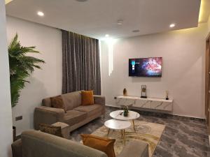 乌约NPJ Luxury Serviced Apartments的客厅里有一张沙发，墙上有一台电视