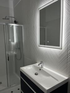a bathroom with a sink and a shower and a mirror at Apartamenty przy Muzeum in Brzeziny