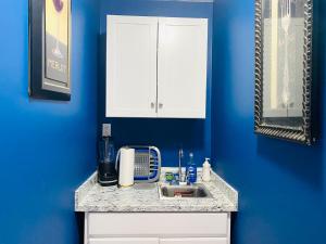 bagno con lavandino e parete blu di Entire Private 1BR Home for Travelers, Families, Work & Long Stays with Fast WiFi a Norcross
