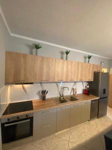 a kitchen with wooden cabinets and a sink and a refrigerator at Villa Helen in Asprovalta +47 photos