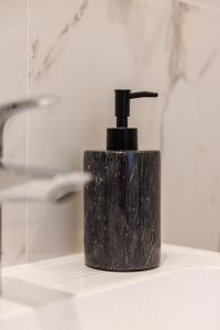 a black soap dispenser sitting on top of a sink at Cosy Studio, close to Monaco Train Station in Beausoleil