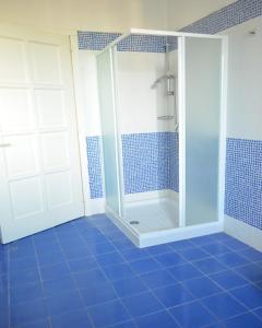 bagno con doccia e pavimenti piastrellati blu di Villetta Summer a Porto Cesareo