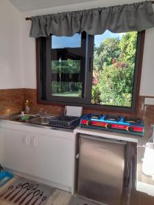 a kitchen counter with a sink and a window at Te Mana Lodge iti in Taravao +11 photos