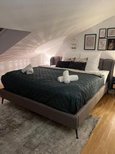 a large bed with two pillows on it in a bedroom at 2-Zimmer Apartment - Zentral über den Dächern von Aschaffenburg - 5 min vom HBF - Gegenüber City Galerie in Aschaffenburg