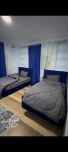 two beds in a room with blue curtains at شقه للايجار المفروش بالشيخ زايد شباب وعائلات in Sheikh Zayed