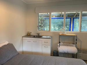 a small bedroom with a sink and a bed at Private Garden Oasis with Pool and Gym in Sentry Hill