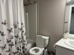 ein Badezimmer mit Toilette und Duschvorhang mit Schmetterlingen in der Unterkunft The Cozy Oasis in Winnipeg + 22 Fotos