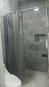 ein Bad mit einem Duschvorhang und einem WC in der Unterkunft Departamento y Alberca privada in Yelateni