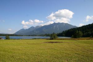 a field with a lake and mountains in the background at Ferienhaus Andreas in Krün
