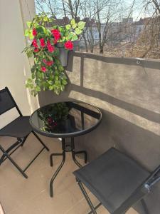 Apartament centrum في بياويستوك: طاولة وكرسي على شرفة بها زهور