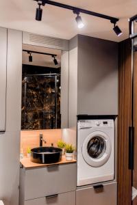 - un lave-linge dans la cuisine équipée d'un évier dans l'établissement Apartament Lwowska Faktura Vat, à Nowy Sącz