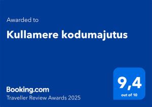 Certifikát, hodnocení, plakát nebo jiný dokument vystavený v ubytování Kullamere kodumajutus