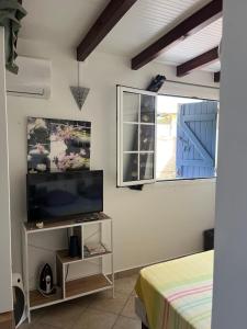 a room with a tv and a bed and a window at LA PAILLOTE D OR in Sainte-Anne