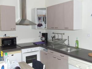 a kitchen with a sink and a microwave at duplex neuf 3etoiles in Le Mont-Dore