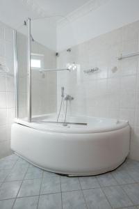 a white bath tub in a bathroom with a shower at Evgatis Hotel in Kondiás