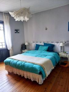 a bedroom with a large bed with blue sheets at Chez Chris in Jard-sur-Mer